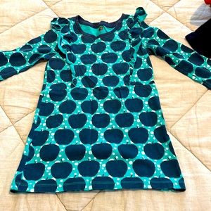 Tea Collection Apple motif dress with ruffles on shoulders and bib